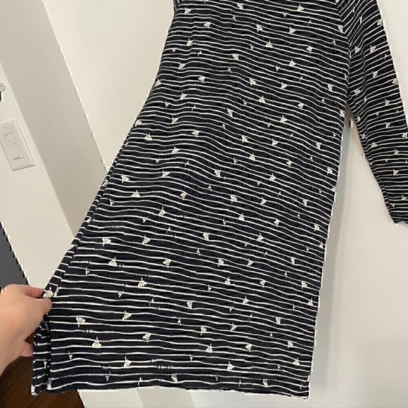 T BY TALBOTS Long Sleeve Mixed Print Dress Navy Blue Cream Striped Floral Cotton - Picture 8 of 11